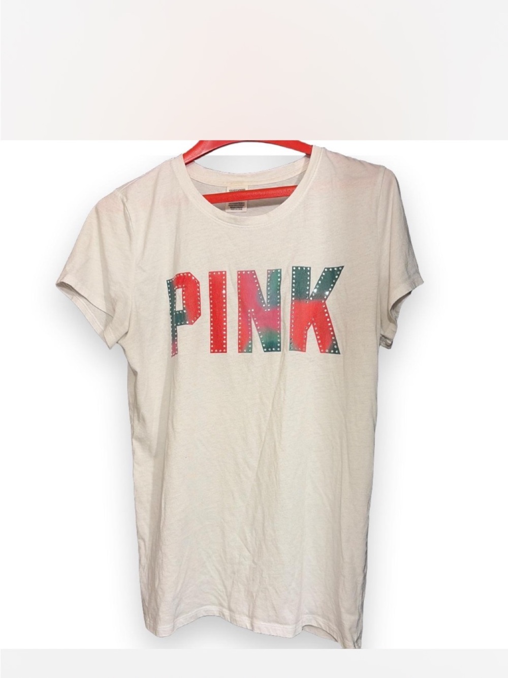 PINK Victoria's Secret Cream Short Sleeve Tee with Multicolor Studded Logo